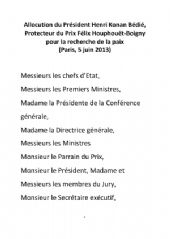 Allocution du Président Henri Konan Bédié, Protecteur du Prix Félix Houphouët-Boigny  pour la recherche de la paix (Paris, 5 juin 2013)